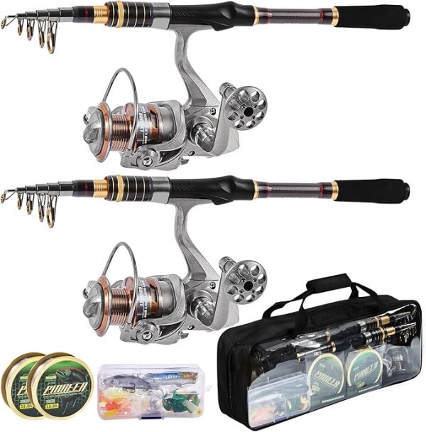 Travel Fishing Rod and Reel Combo,Collapsible Fishing Kits, Carbon Fiber Fishing Pole Spinning Reel Lures Set with Carrier Bag, Fishing Gear for Adults Travel Saltwater Freshwater
